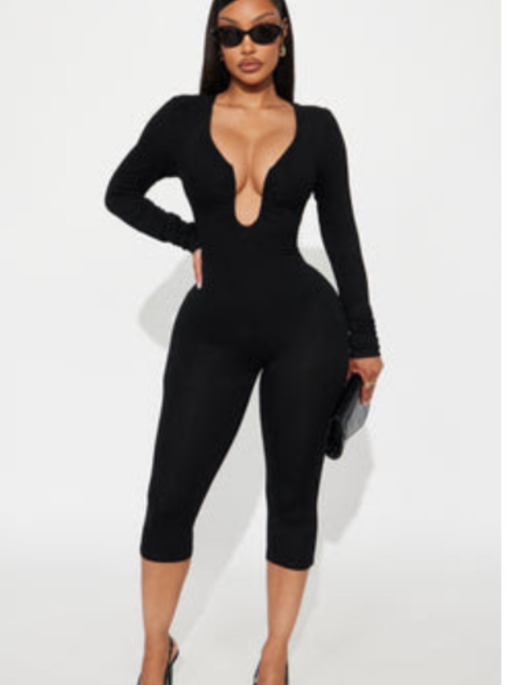 Fashion Nova Black Deep-V Long Sleeve Bodysuit Jumpsuit
